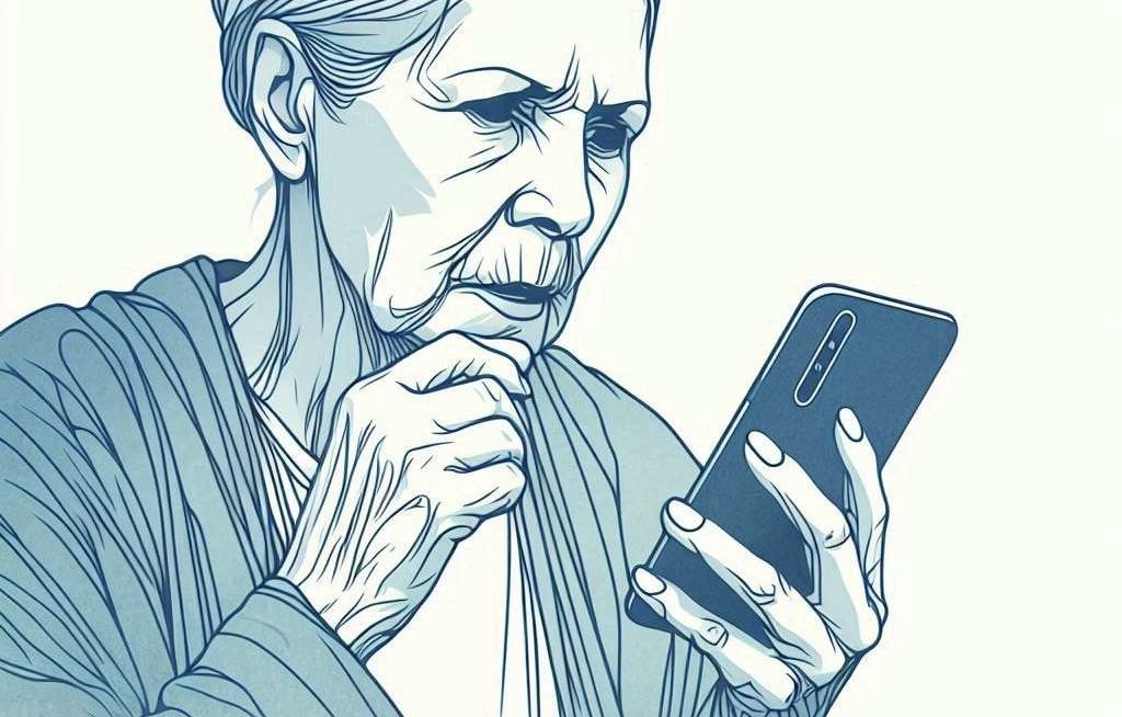 Vignetta stile cartoon di una signora anziana che guarda il suo cellulare con aria perplessa e preoccupata. Clori azzurrini e blu pastello.