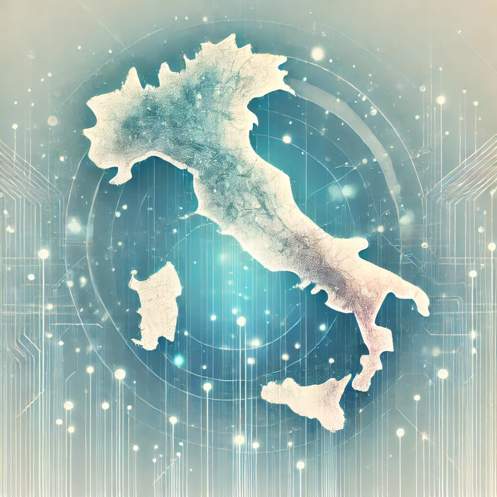 immagine astratta dell'Italia con elementi tecnologici che richiamano l'intelligenza artificiale