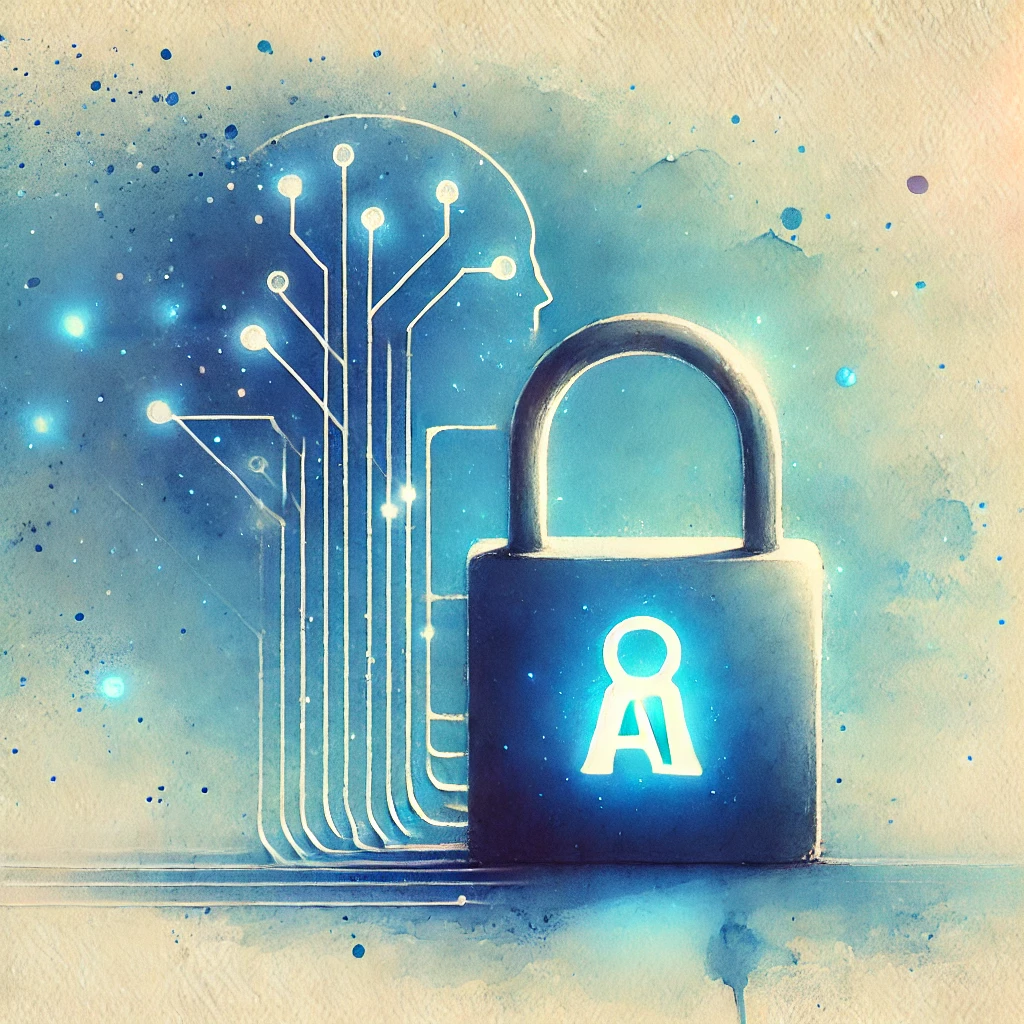 un lucchetto connesso a degli elementi astratti tecnologici che richiamano l'intelligenza artificiale e la privacy