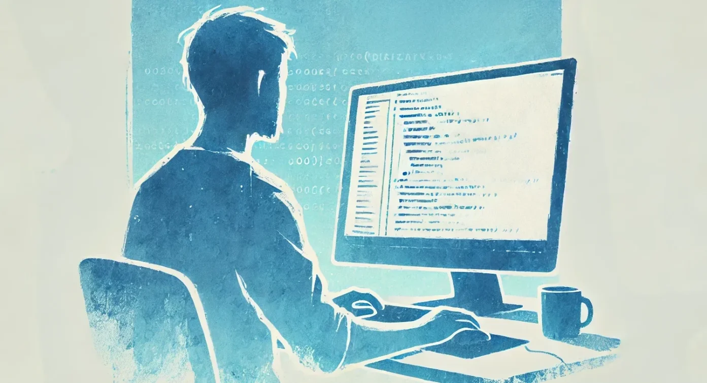 un programmatore software che lavora sul codice al pc. Immagine in stile acquarello dai toni azzurri.