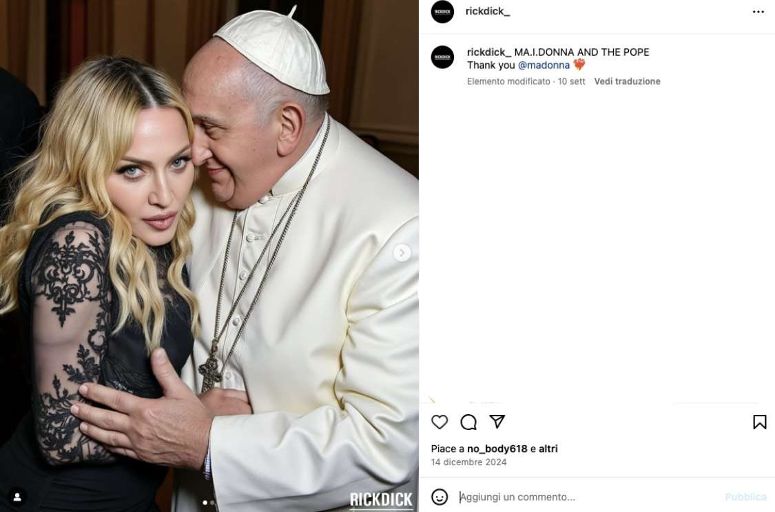 immagine ricreata dall'IA dall'artista RickDick in cui si vede Madonna in atteggiamenti provocatori con il Pontefice