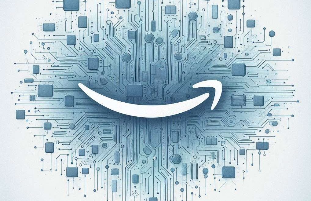 Immagine astratta con il simbolo del logo di Amazon circondato da chip e collegamenti che richiamano lìintelligenza artificiale. Toni acquarellosi azzurrini e blu.