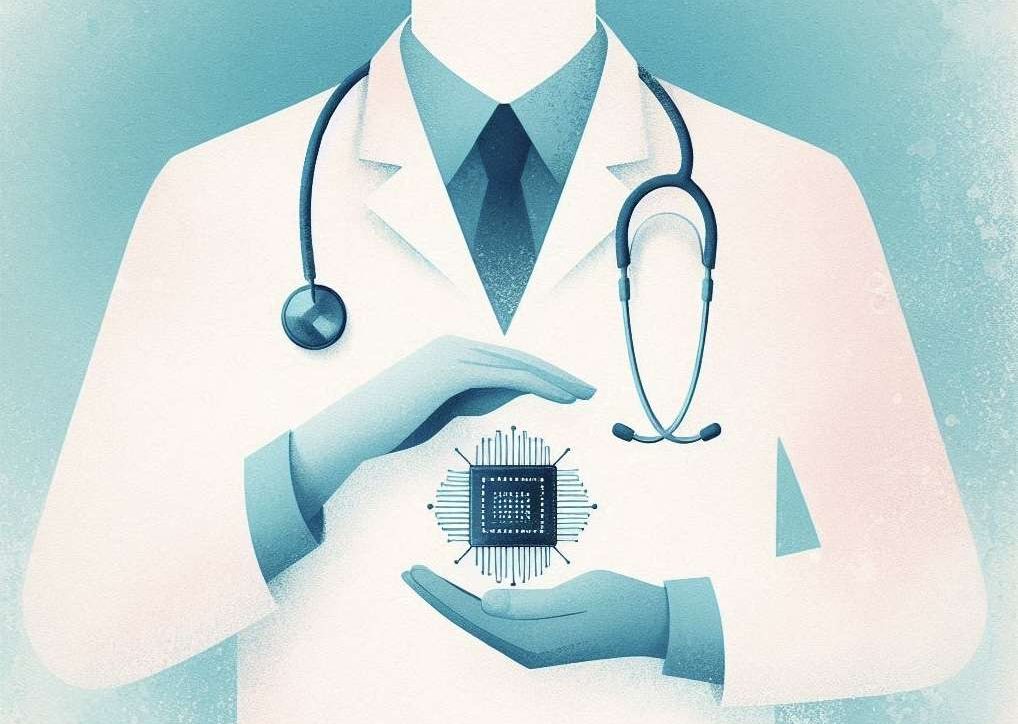 Medico con chip AI e stetoscopio. Immagine astratta in stile acquarello dai toni bianchi, blu e azzurri
