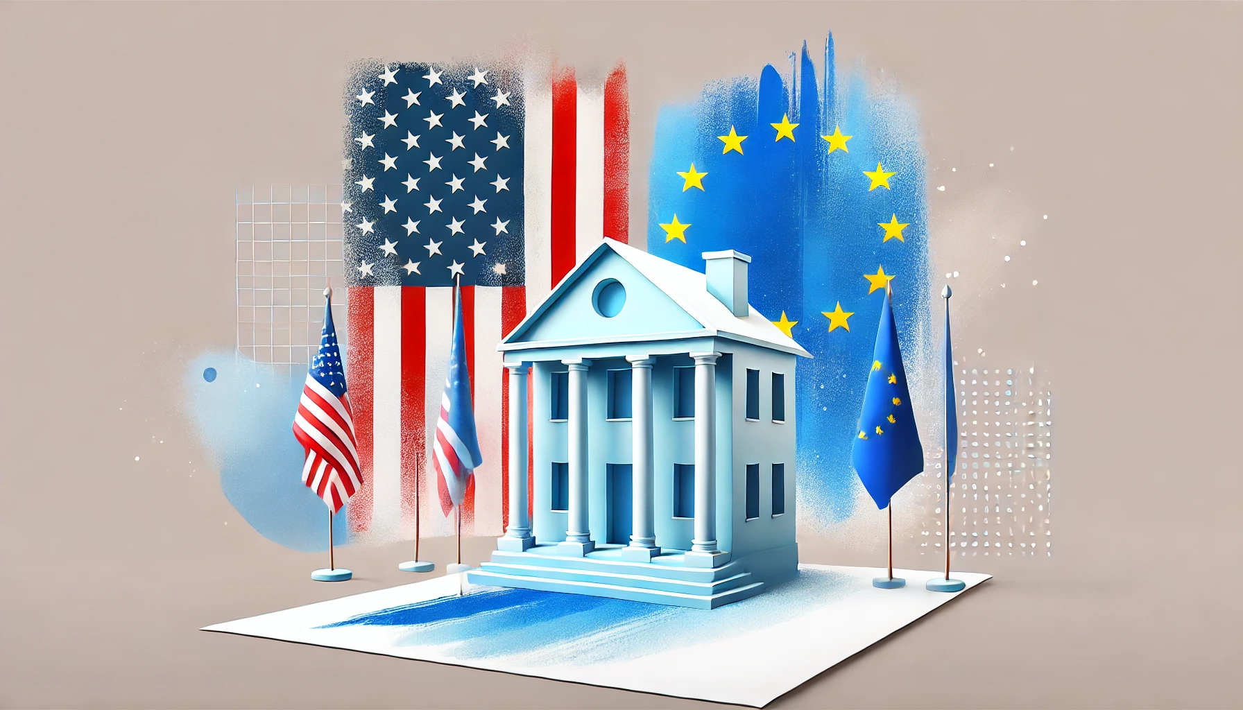 Bandiera americana e bandiera europea attorno ad una casa editrice