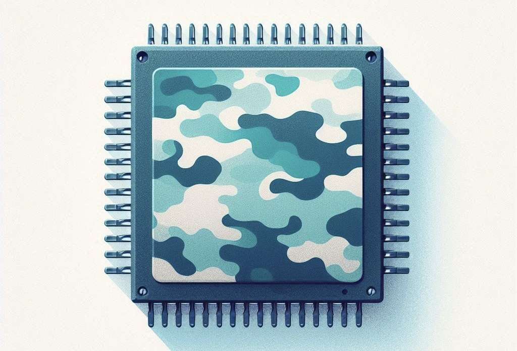 un chip AI con pattern militare che rappresenta l'uso dell'IA in ambito difesa e sorveglianza. Stile acquarello dai toni azzurri e blu