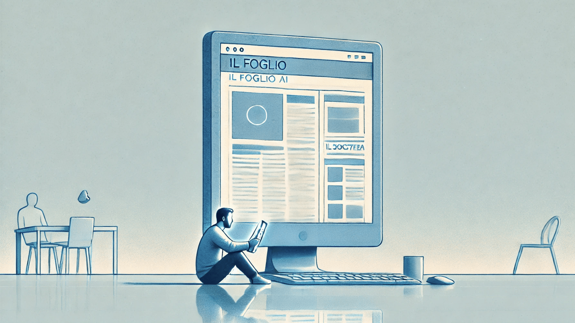 immagine astratta di un grande schermo che mostra il sito del Foglio AI e un lettore seduto per terra