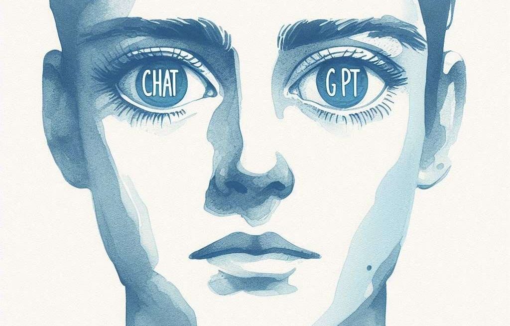 Ragazzo con negli occhi la scritta ChatGPT. Immagine in sitle acquarello disegno a mano, toni azzurri e blu.
