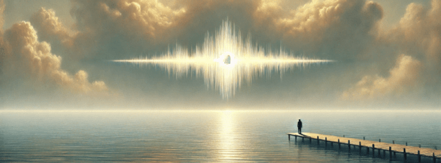 pontile sul mare, nel cielo fascio di luce