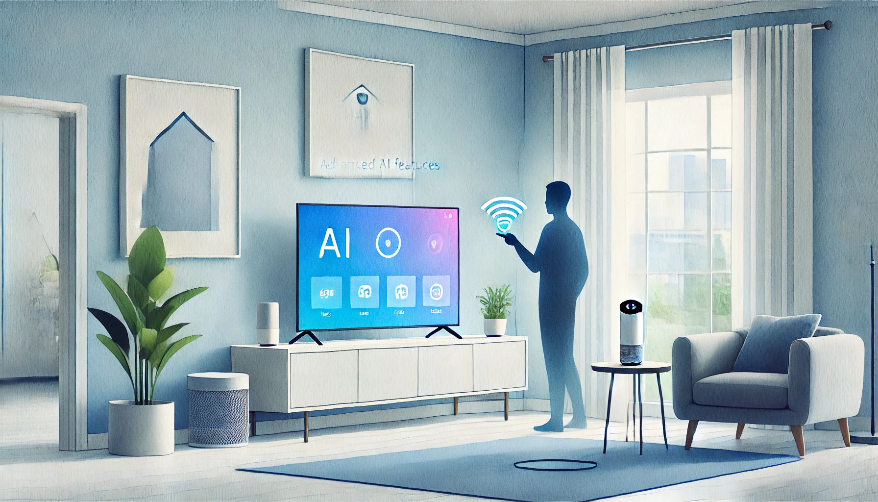 Una persona che parla attraverso l'IA ad una tv