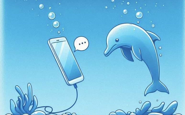 Delfino che comunica con un cellulare. Stil immagine cartone animato, tonalità azzurre.