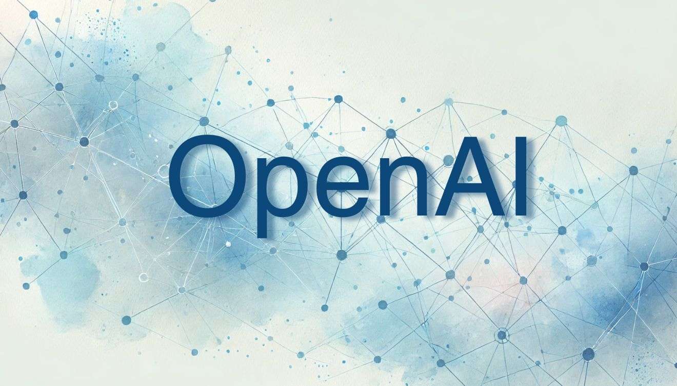Scritta "OpenAI" su uno sfondo astratto che rappresenta le reti dei social network