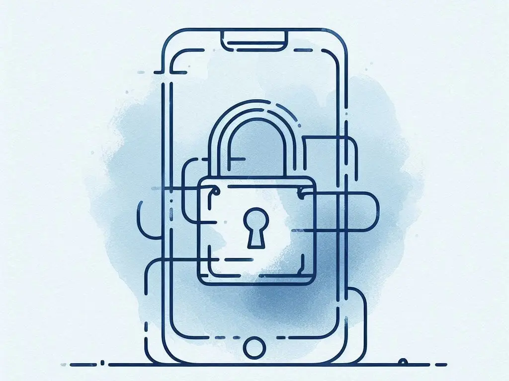 Immagine astratta in stile disegno a mano e azqurello, di un telefono con sovrapposta l'immagine di un lucchetto. Colori azzurrini e blu.