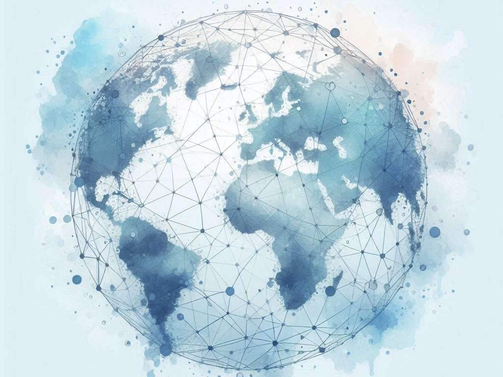 Immagine astratta in stile acquarello e disegno del globo terrestre avvolto da una rete di connessione. Colori azzurrini.