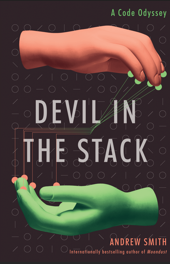 La copertina di Devil in the stack. Si vedono due mani, una in alto, umana, e una in basso, verde e virtuale.