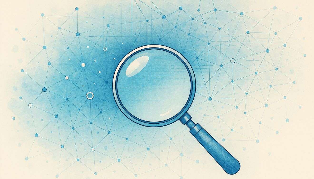 una lente d'ingrandimento che rappresenta la ricerca e una rete neurale sullo sfondo