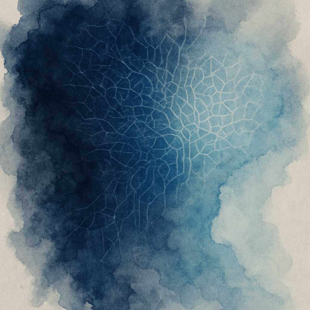 Acquerello astratto nei toni del blu profondo, indaco e ciano. Macchie fluide di colore scuro si mescolano morbidamente con aree più chiare, suggerendo percorsi di dati nascosti. Una zona distinta mostra un ciano più definito, simboleggiando il controllo o la diluizione dell'interferenza cromatica.