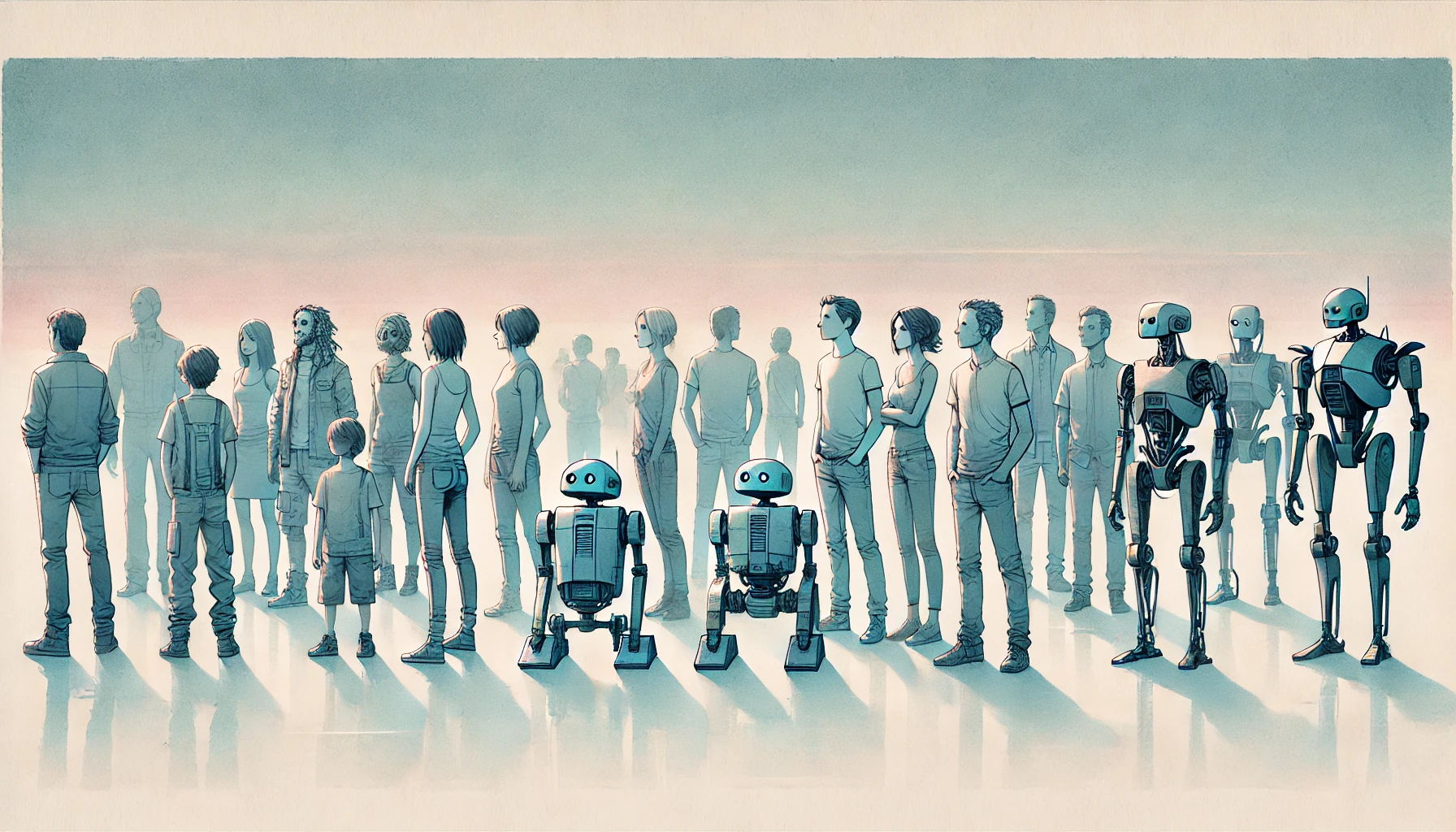 Un gruppo di amici con anche robot umanoidi