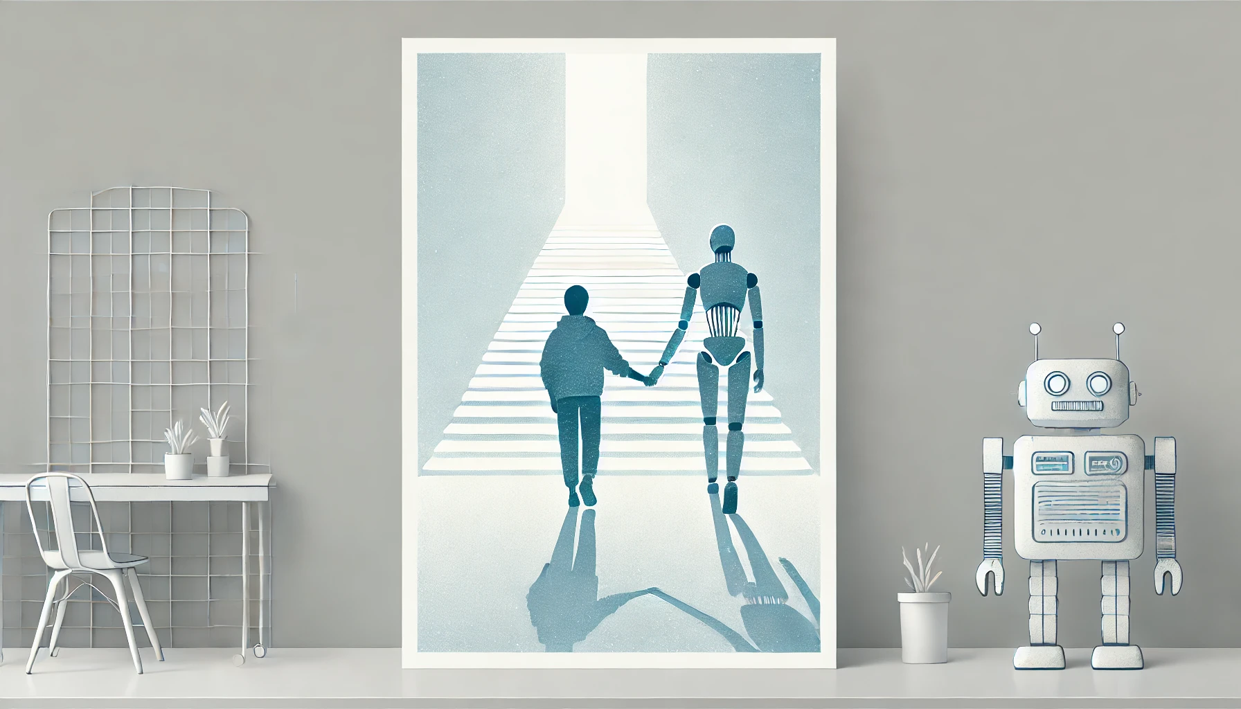 Un essere umano che cammina tenendo per mano un robot umanoide