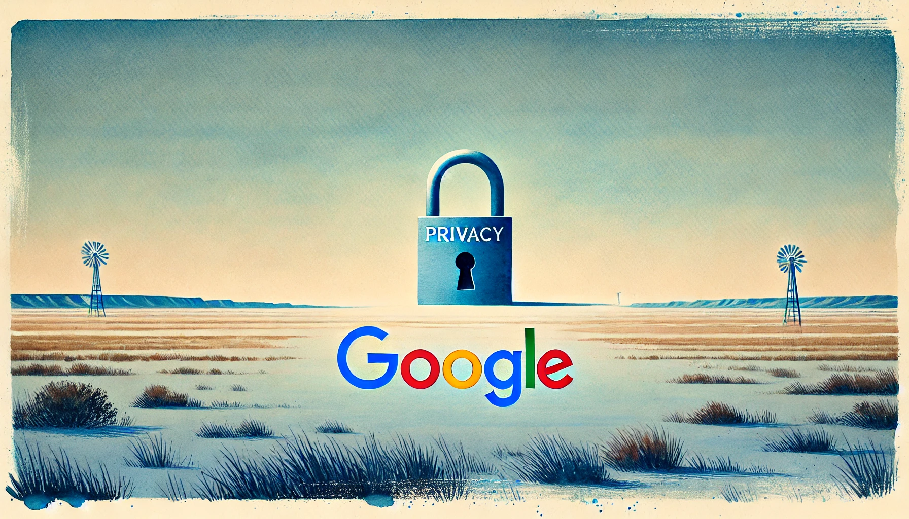 Un lucchetto vicino al logo di Google su un paesaggio del Texas