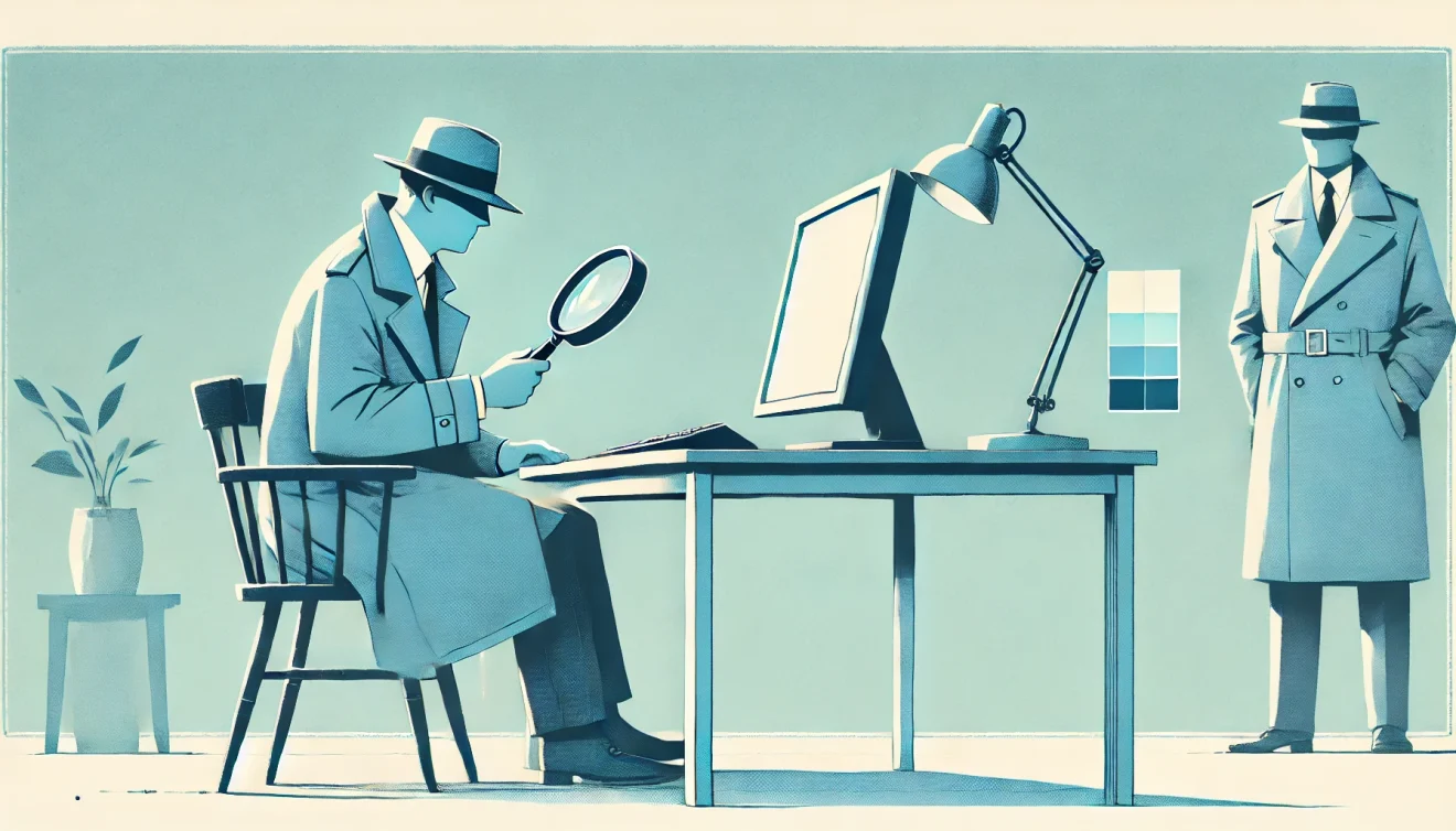 Un detective con una lente di ingrandimento davanti al pc