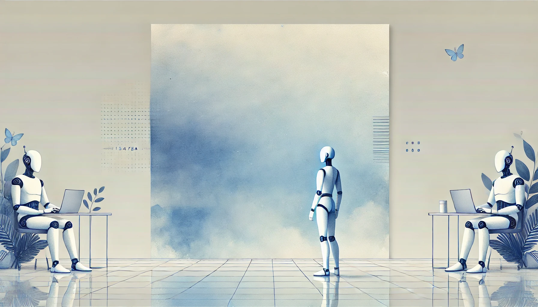 Un robot umanoide che sta programmando sul computer