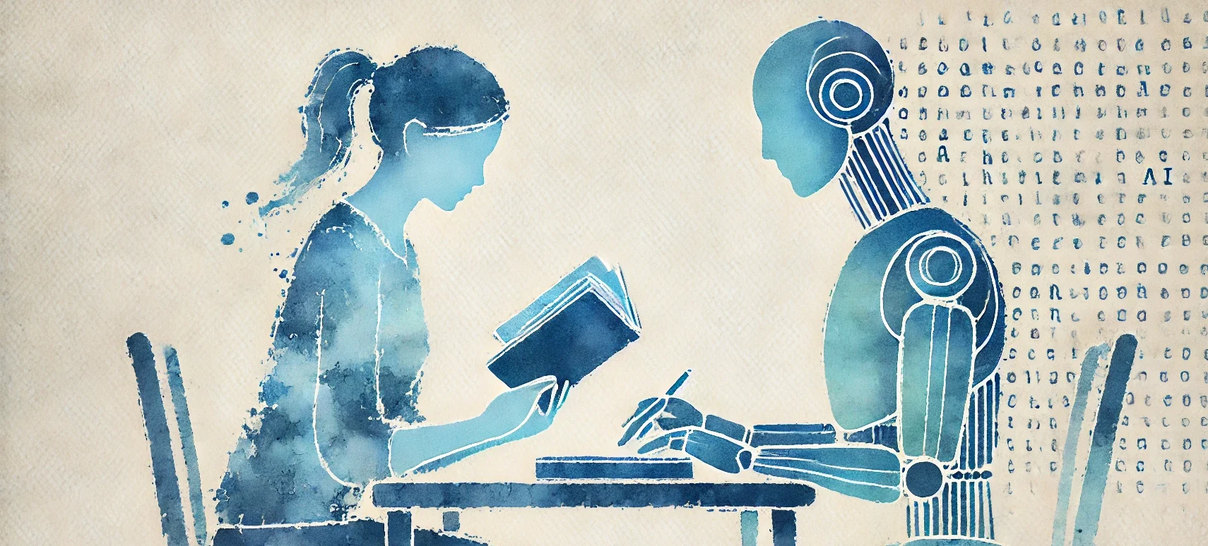 Autrice e robot umanoide che scrivono un libro