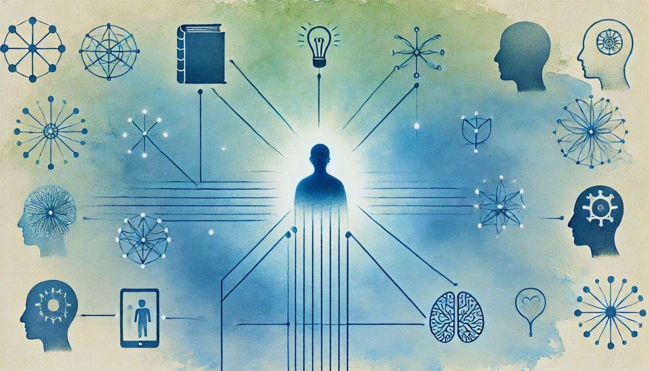 immagine astratta che mostra una persona al centro di una rete di connessioni a elementi che simboleggiano la conoscenza