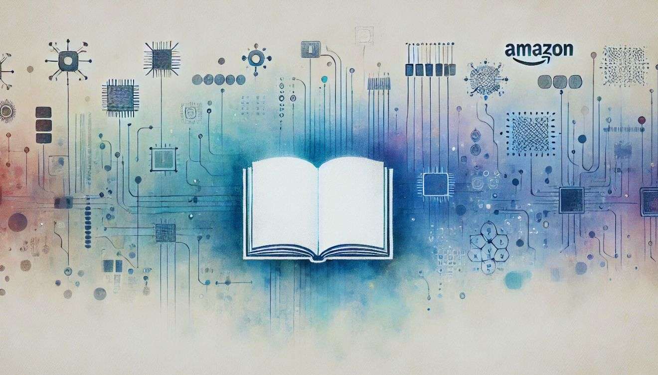 un libro su sfondo astratto che richiama l'intelligenza artificiale e il logo di amazon