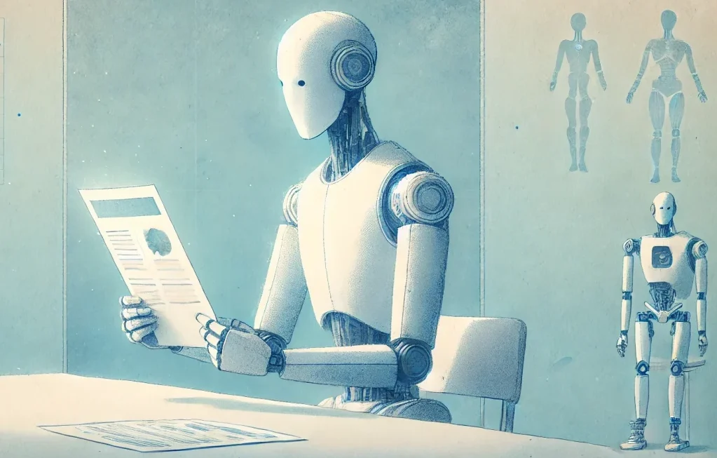 Robot che legge un documento, stile acqurello dai toni qzzurri chiari.