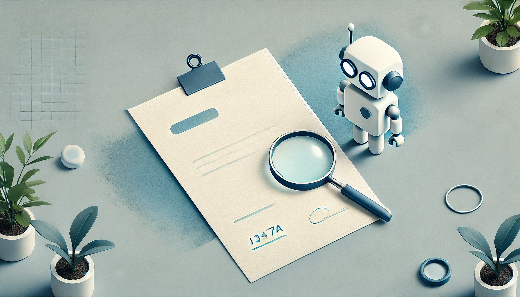 Robot e lente di ingrandimento appoggiata su un foglio