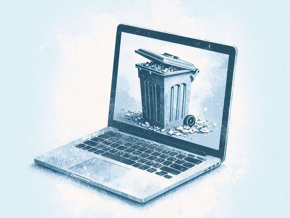 PC portatile aperto con sullo schermo un'immagine di spazzatura. Tonalità azzurre e blu.