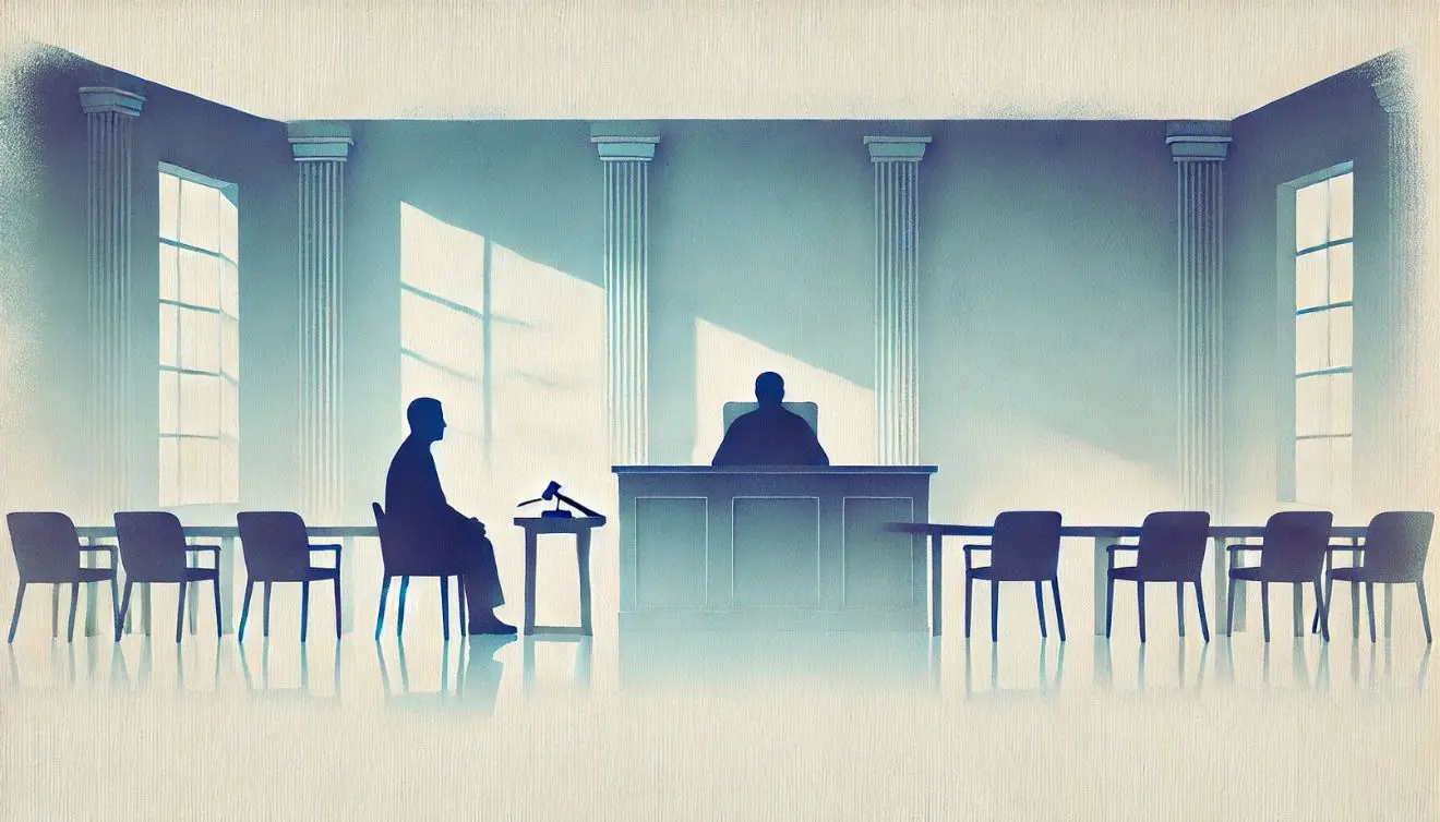 immagine astratta di un avvocato e un giudice seduti in un'aula di tribunale