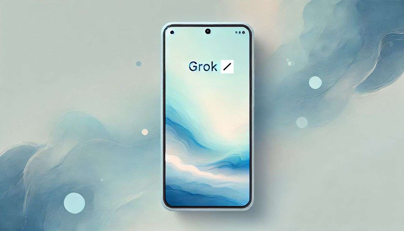 uno smartphone su sfondo astratto con la scritta Grok sullo schermo