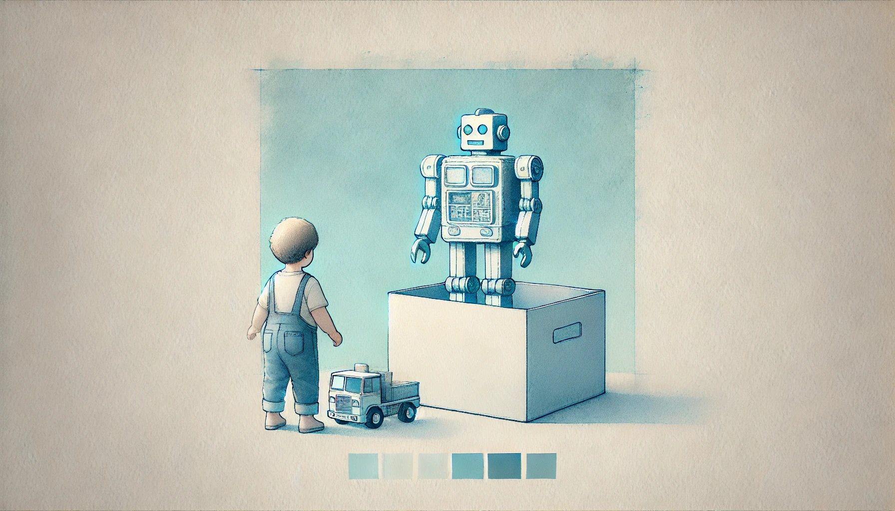 Bambino con un gioco di fronte e davanti ad una scatola con un robot sopra