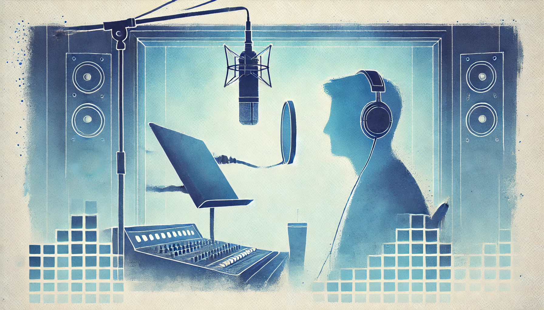 Persona con le cuffie davanti ad un microfono ed un leggio