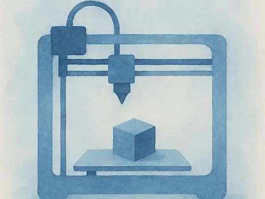 Stampante 3D rappresentata come se fosse dipinta in acquarelli con toni blu e azzurrini.