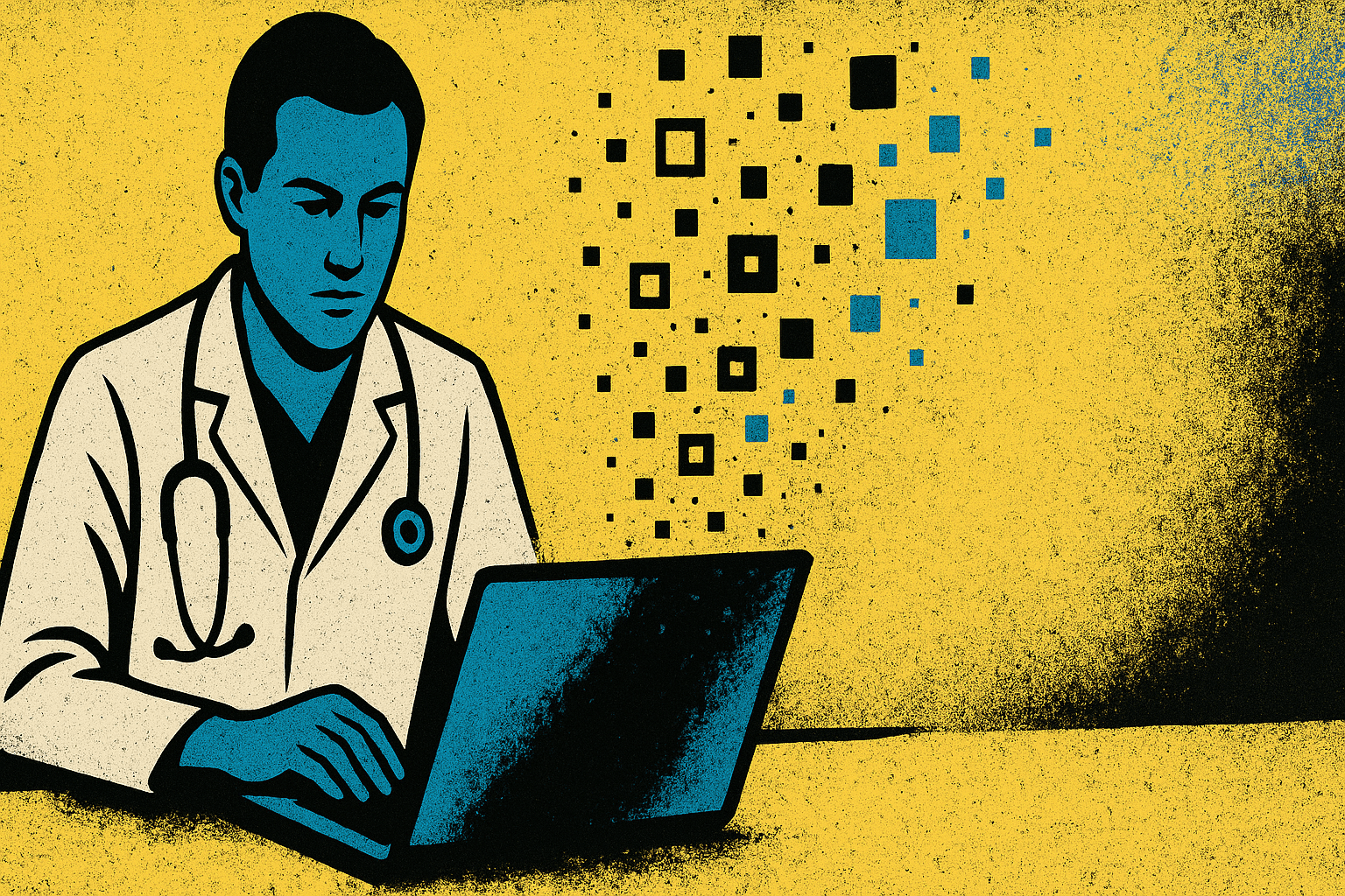 medico al computer in ambulatorio, focus centrale sul laptop, collaborazione clinica