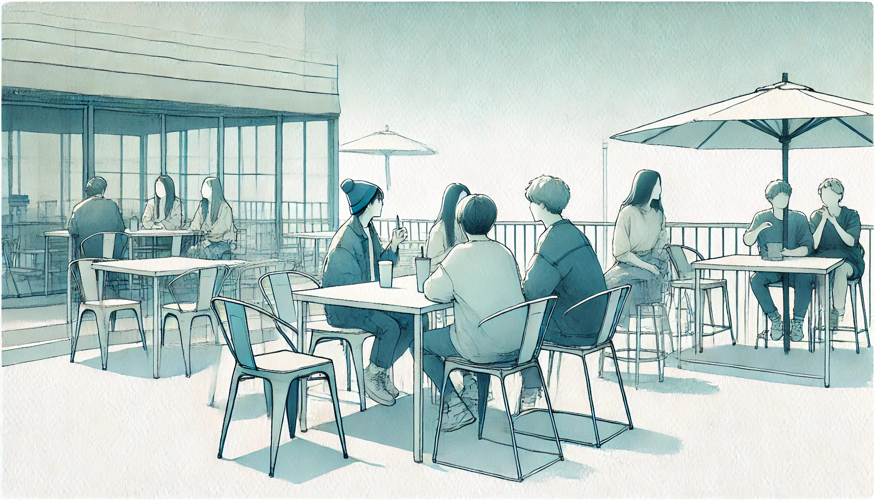 Un gruppo di adolescenti seduti intorno al tavolo di un dehor di un bar