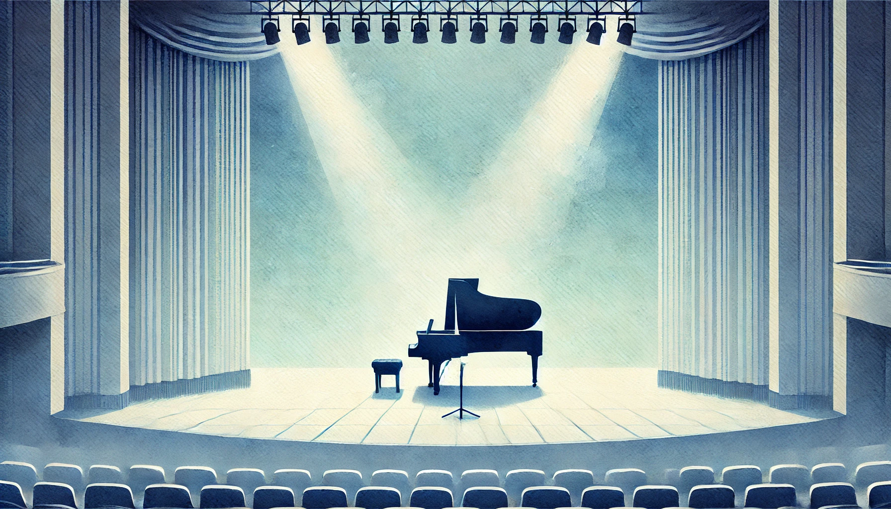 Un pianoforte sopra ad un palco durante un concerto