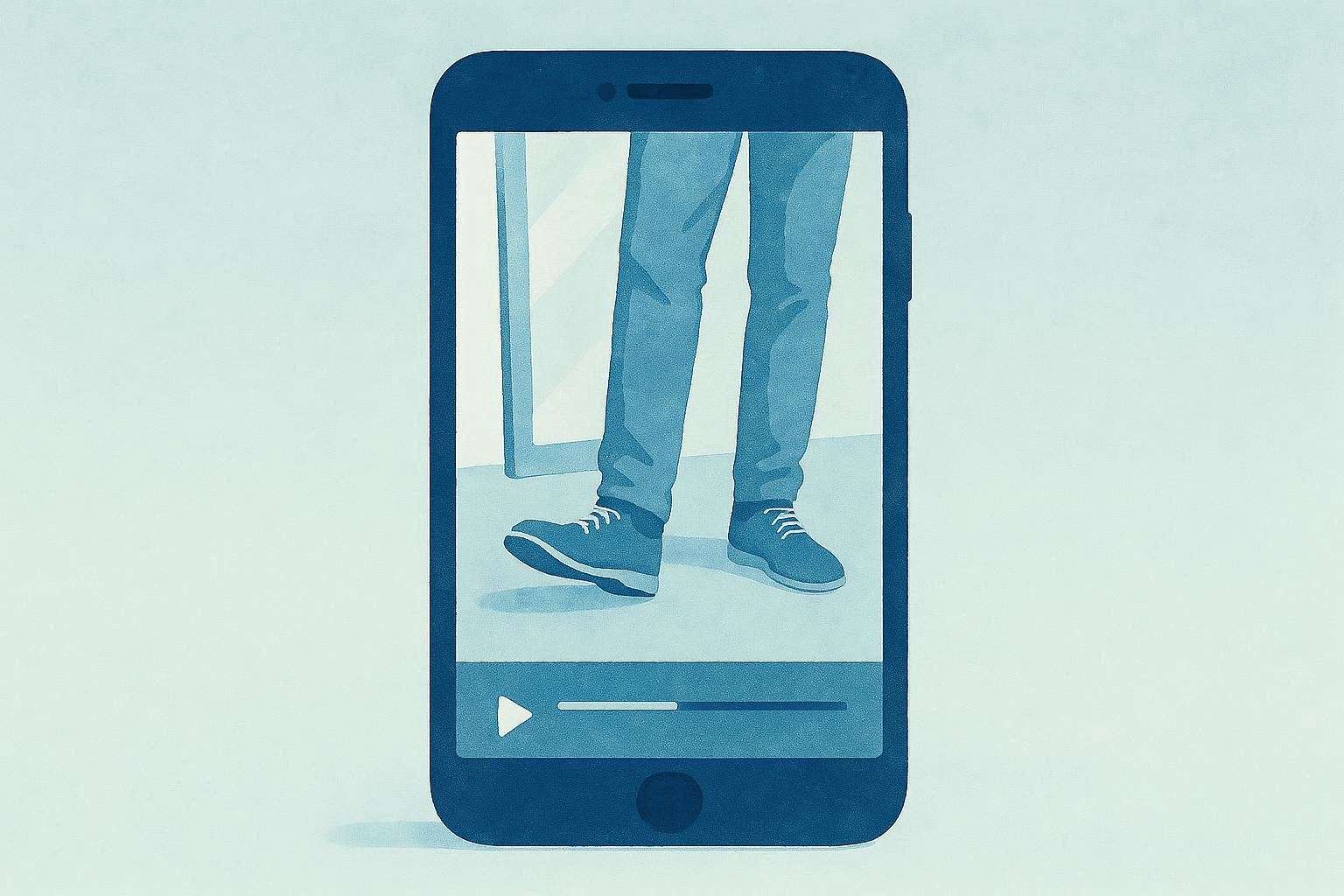 Immagine astratta stile disegno acquarello di un cellulare con, sullo schermo, un video di un ragazzo che si prova delle scarpe e sta in posa per guardarsele mentre le indossa. Colori blu e azzurri.