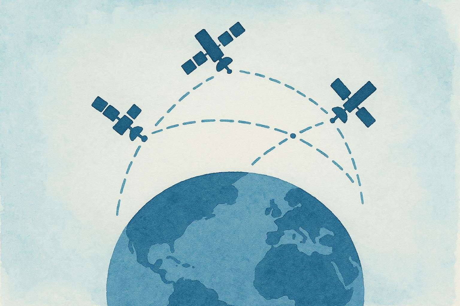 Globo terrestre con attorno una rete satellitare. Immagine astratta in stile acquarello dai toni blu e azzurri.