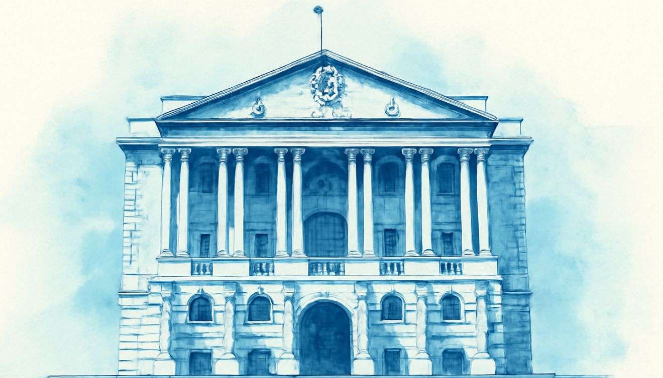 illustrazione acquarellata della Bank of England nei toni del blu pastello