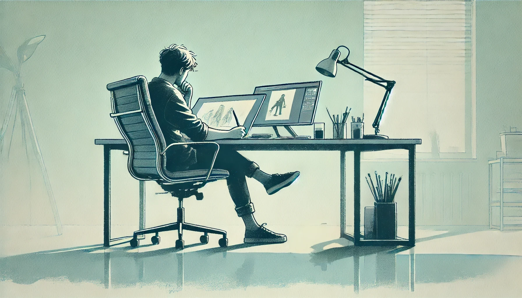 un illustratore seduto alla sua postazione che lavora sullo storyboard di un fumetto