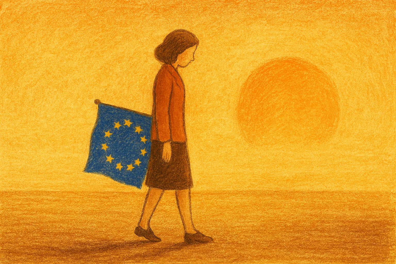 Soggetto femminile con capelli corti e mori che cammina testa china con la bandiera dell'UE sotto braccio al tramonto. Colori caldi, stile pastello, disegno fatto a mano