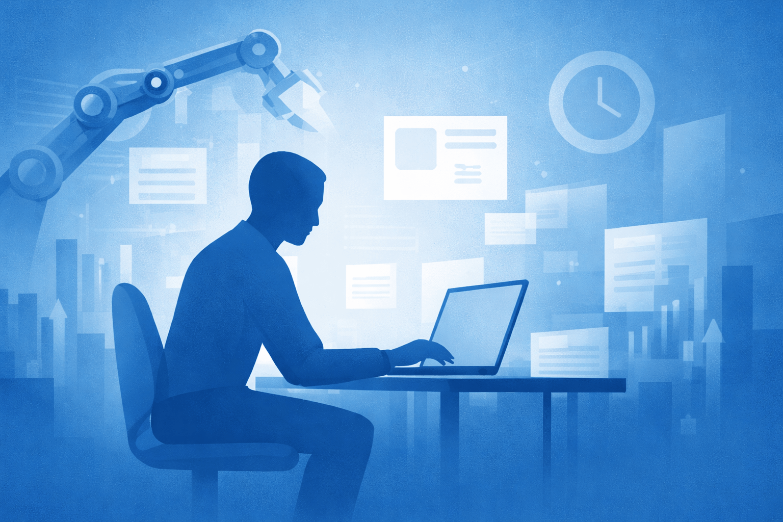 Lavoratore al computer assistito da strumenti di intelligenza artificiale e automazione digitale