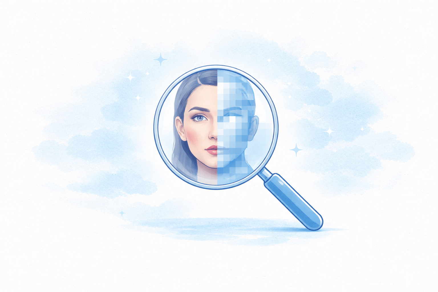 Volto umano metà realistico e metà pixelato osservato attraverso una lente di ingrandimento per rappresentare la difficoltà di distinguere contenuti reali e generati dall’intelligenza artificiale