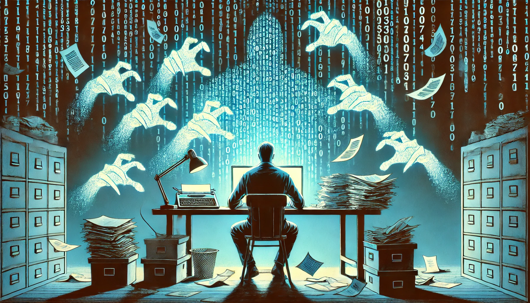 uomo alla scrivania circondato da mani e da stringhe di codice binario. argomento: dossieraggio e vendetta delle IA.
