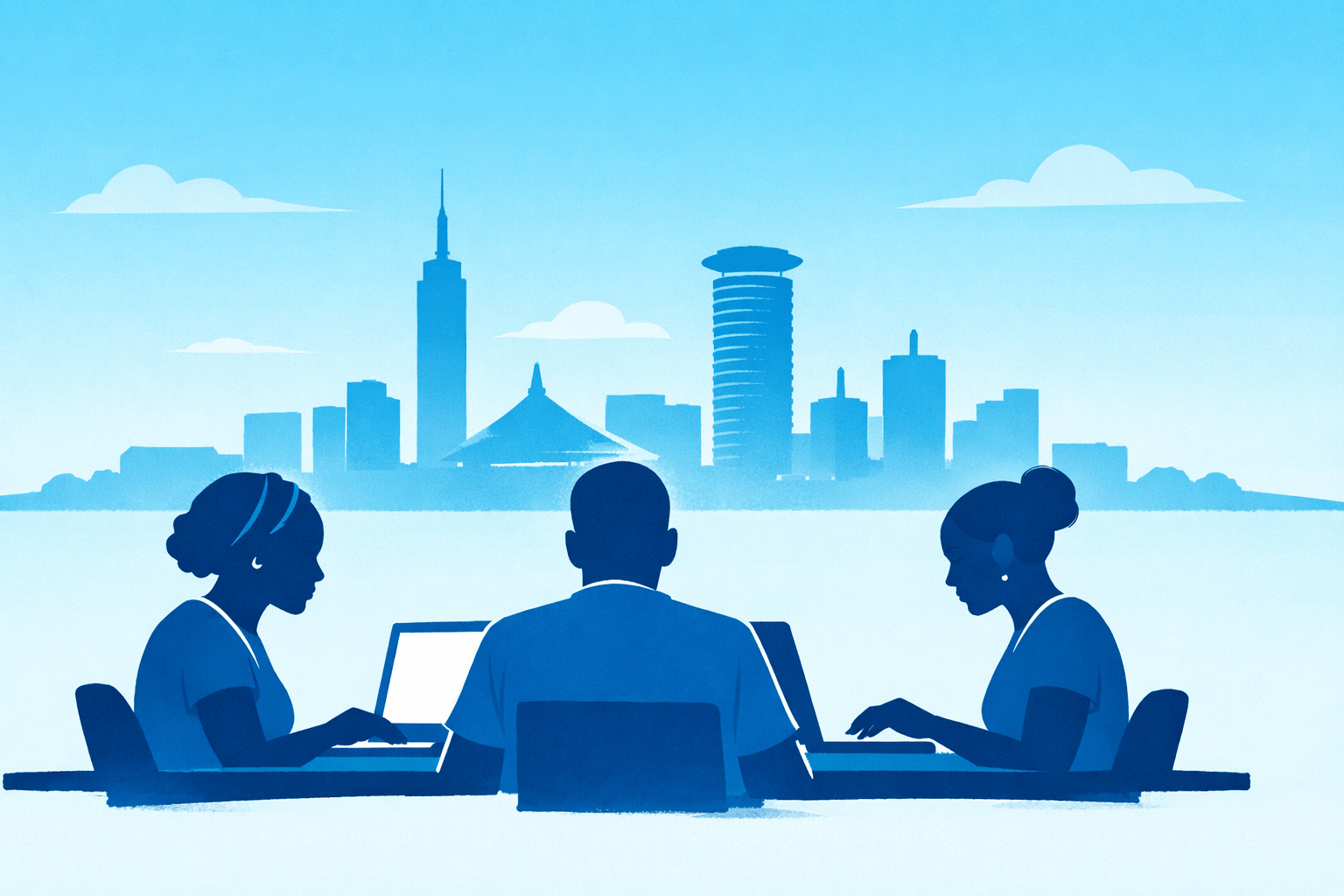Delle lavoratrici e un lavoratore che lavorano al pc con Nairobi sullo sfondo