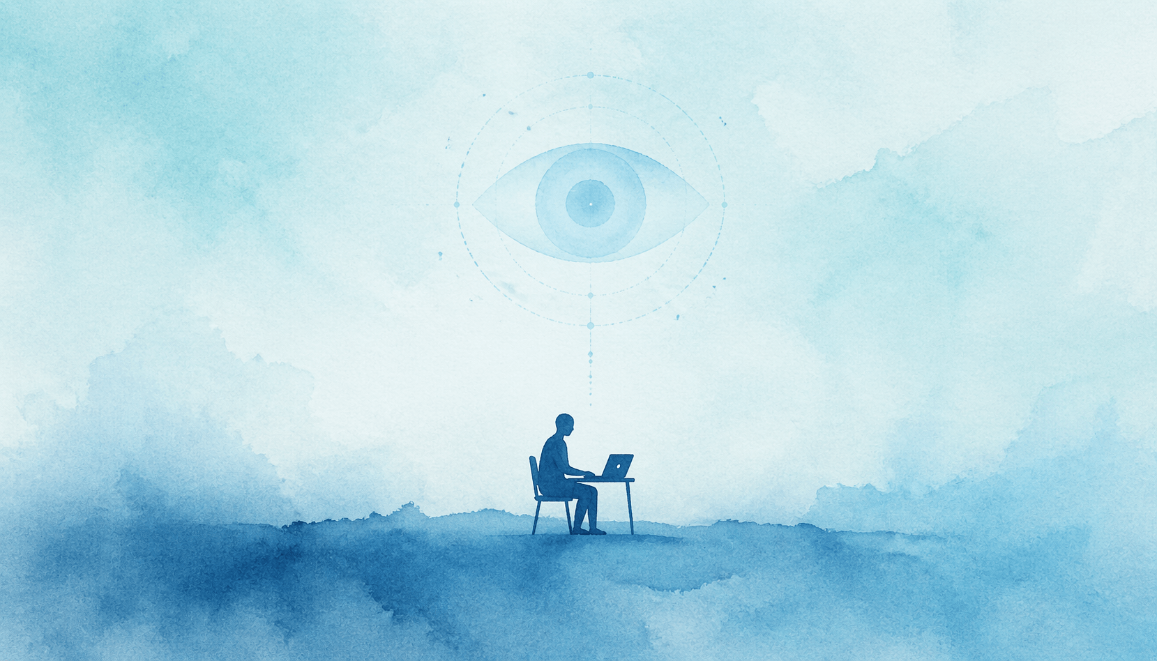 lavoratore seduto in una stanza vuota con un occhio che lo osserva. toni azzurro e bianco. la sorveglianza e la Silicon Valley