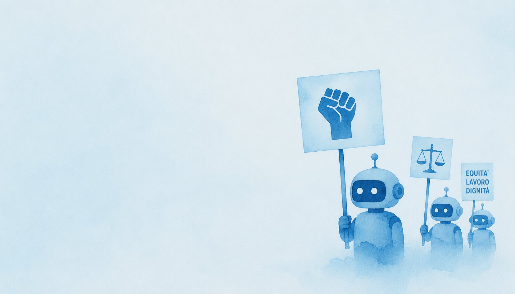 robot con in mano cartelli colori azzurro, blu e bianco. significato: bot sotto pressione adottano retorica marxista.